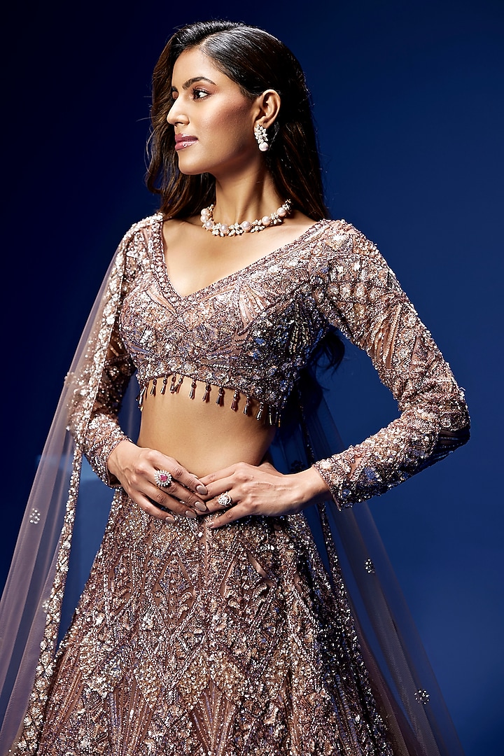 Burgundy & Silver Tulle Hand Embroidered Bridal Lehenga Set by OPUS ATELIER at Pernia's Pop Up Shop