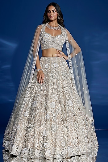 Light Beige Tulle & Satin Hand Embroidered Bridal Lehenga Set by OPUS ATELIER at Pernia's Pop Up Shop