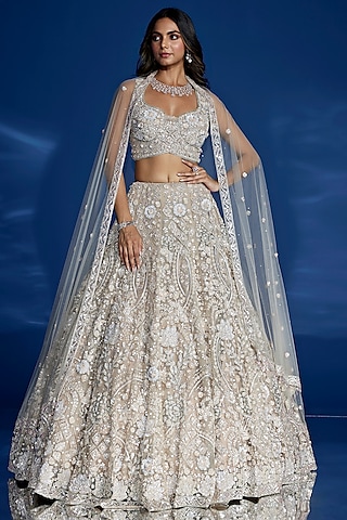 Light Beige Tulle & Satin Hand Embroidered Lehenga Set by OPUS ATELIER