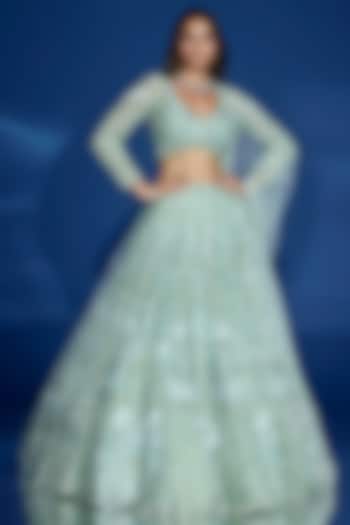 Light Green Tulle & Satin Hand Embroidered Bridal lehenga for 22 Lehenga Set by OPUS ATELIER at Pernia's Pop Up Shop
