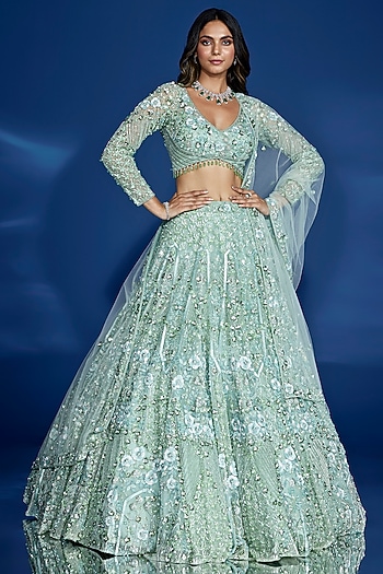 Light Green Tulle & Satin Hand Embroidered Bridal Lehenga Set by OPUS ATELIER at Pernia's Pop Up Shop
