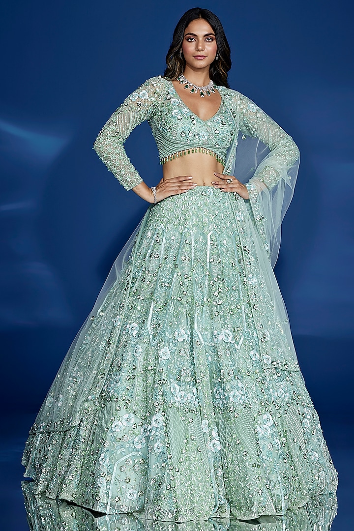 Light Green Tulle & Satin Hand Embroidered Bridal lehenga for 22 Lehenga Set by OPUS ATELIER at Pernia's Pop Up Shop