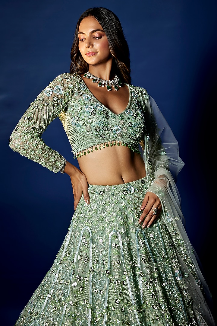Light Green Tulle & Satin Hand Embroidered Bridal Lehenga Set by OPUS ATELIER at Pernia's Pop Up Shop