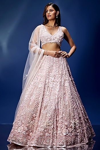 Baby Pink Tulle & Satin Hand Embroidered Bridal Lehenga Set by OPUS ATELIER at Pernia's Pop Up Shop