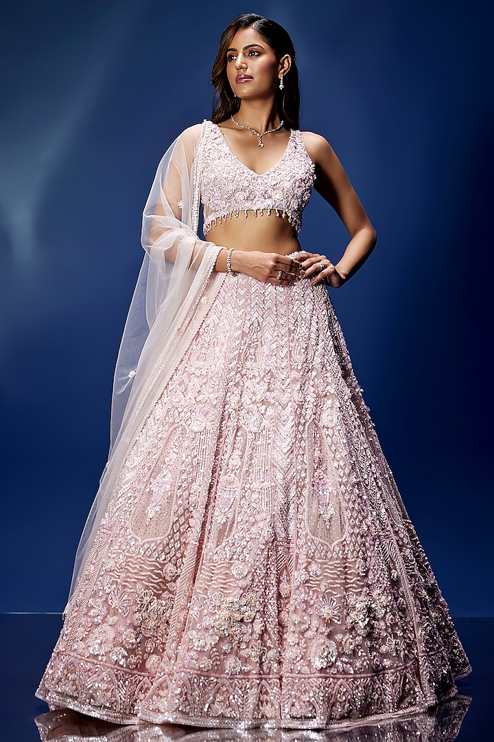 Baby Pink Tulle & Satin Hand Embroidered Bridal lehenga for 22 Lehenga Set by OPUS ATELIER at Pernia's Pop Up Shop