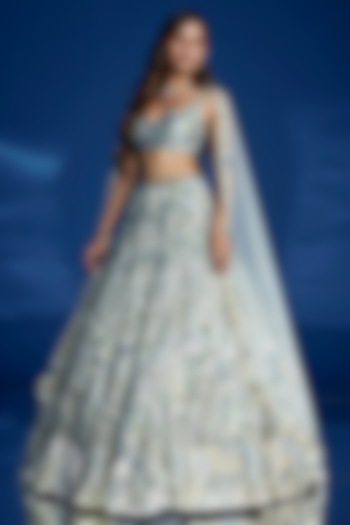 Light Olive Tulle & Satin Hand Embroidered Bridal lehenga for 22 Lehenga Set by OPUS ATELIER at Pernia's Pop Up Shop