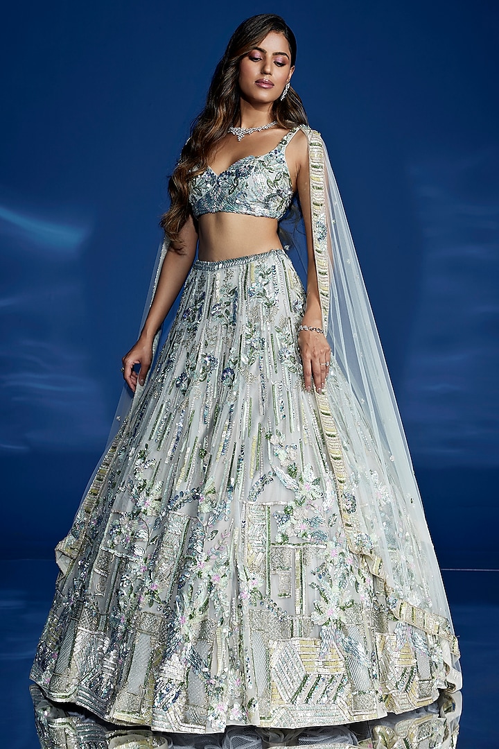Light Olive Tulle & Satin Hand Embroidered Bridal lehenga for 22 Lehenga Set by OPUS ATELIER at Pernia's Pop Up Shop