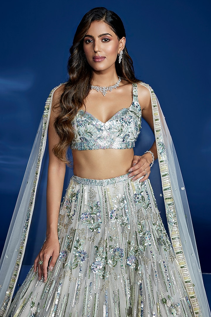 Light Olive Tulle & Satin Hand Embroidered Bridal Lehenga Set by OPUS ATELIER at Pernia's Pop Up Shop