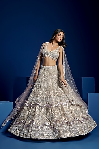 Dusty Mauve & Silver Tulle Hand Embroidered Lehenga Set by OPUS ATELIER