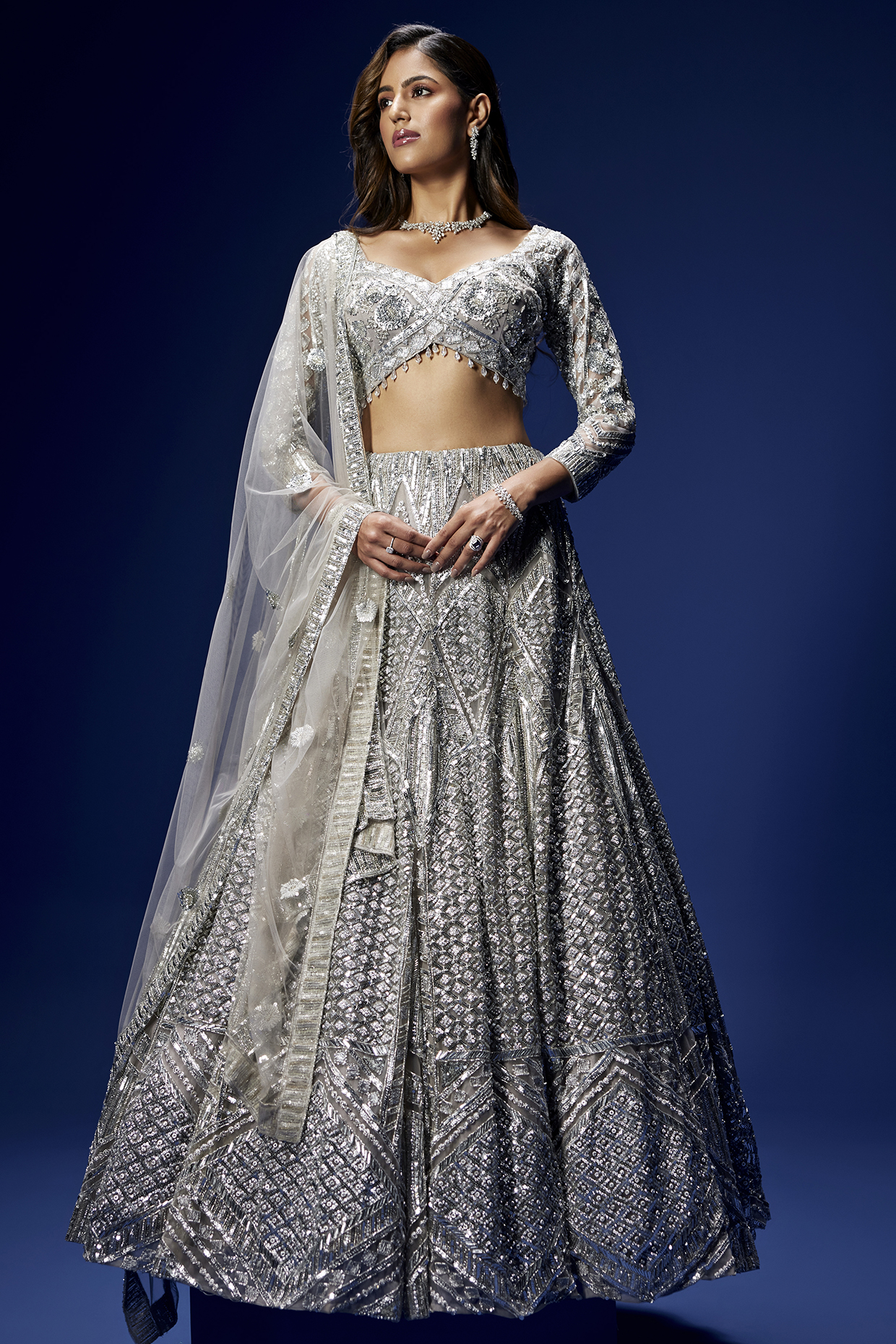 Grey Silver Tulle & Satin Hand Embroidered Bridal lehenga for 22 Lehenga Set by OPUS ATELIER at Pernia's Pop Up Shop