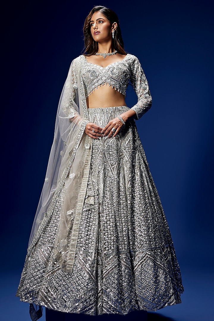 Grey Silver Tulle & Satin Hand Embroidered Bridal lehenga for 22 Lehenga Set by OPUS ATELIER at Pernia's Pop Up Shop