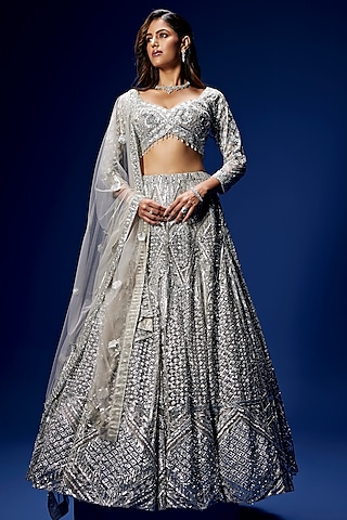 Grey Silver Tulle & Satin Hand Embroidered Lehenga Set by OPUS ATELIER