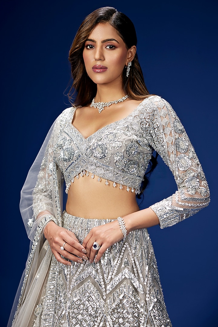 Grey Silver Tulle & Satin Hand Embroidered Bridal Lehenga Set by OPUS ATELIER at Pernia's Pop Up Shop