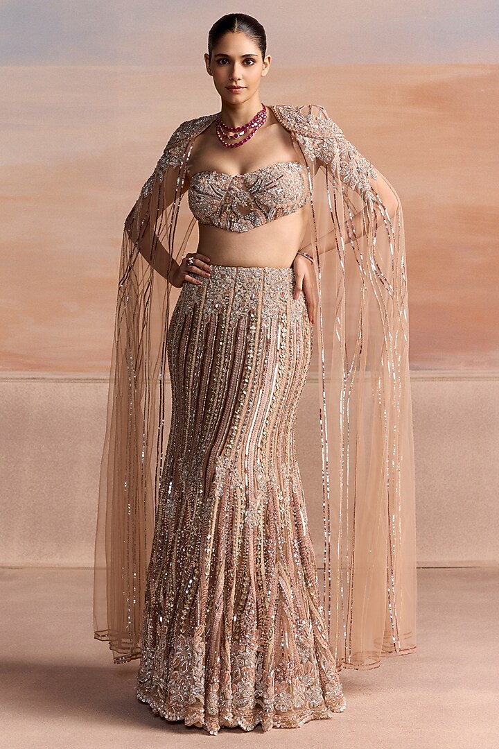 Peach & Silver Net Sequin Embellished Fish-Cut Bridal Lehenga Set by OPUS ATELIER at Pernia's Pop Up Shop