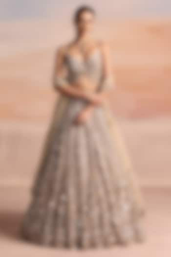 Light Gold Net Sequin Embroidered Bridal Bridal Lehenga Set by OPUS ATELIER at Pernia's Pop Up Shop
