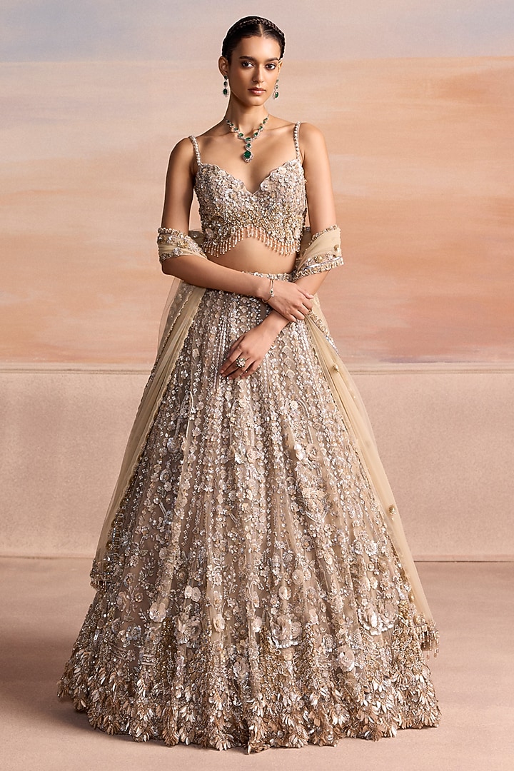 Light Gold Net Sequin Embroidered Bridal Bridal Lehenga Set by OPUS ATELIER at Pernia's Pop Up Shop