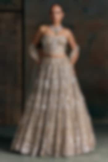 Champagne Gold Net Embroidered Bridal Bridal Lehenga Set by OPUS ATELIER at Pernia's Pop Up Shop