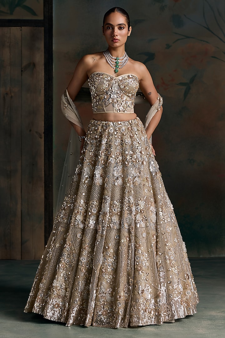 Champagne Gold Net Embroidered Bridal Bridal Lehenga Set by OPUS ATELIER at Pernia's Pop Up Shop