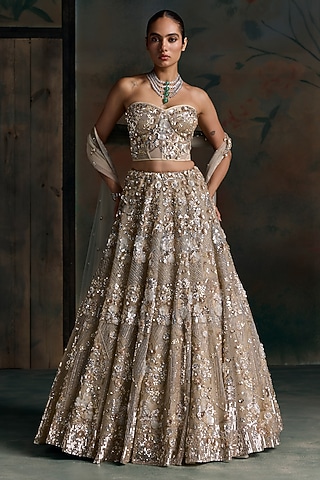 Champagne Gold Net Embroidered Bridal Lehenga Set by OPUS ATELIER