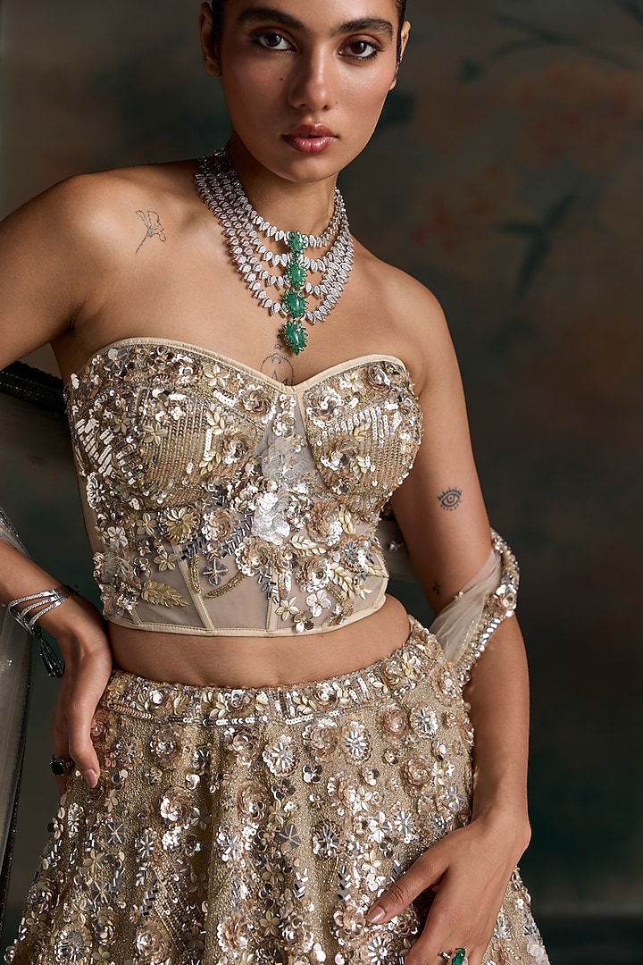 Champagne Gold Net Embroidered Bridal Bridal Lehenga Set by OPUS ATELIER at Pernia's Pop Up Shop
