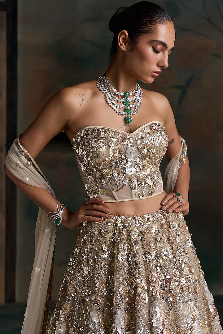 Champagne Gold Net Embroidered Bridal Bridal Lehenga Set by OPUS ATELIER at Pernia's Pop Up Shop