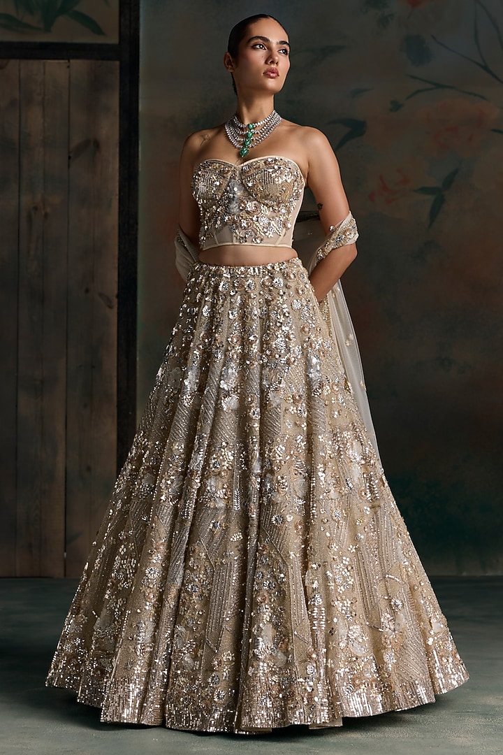 Champagne Gold Net Embroidered Bridal Bridal Lehenga Set by OPUS ATELIER at Pernia's Pop Up Shop