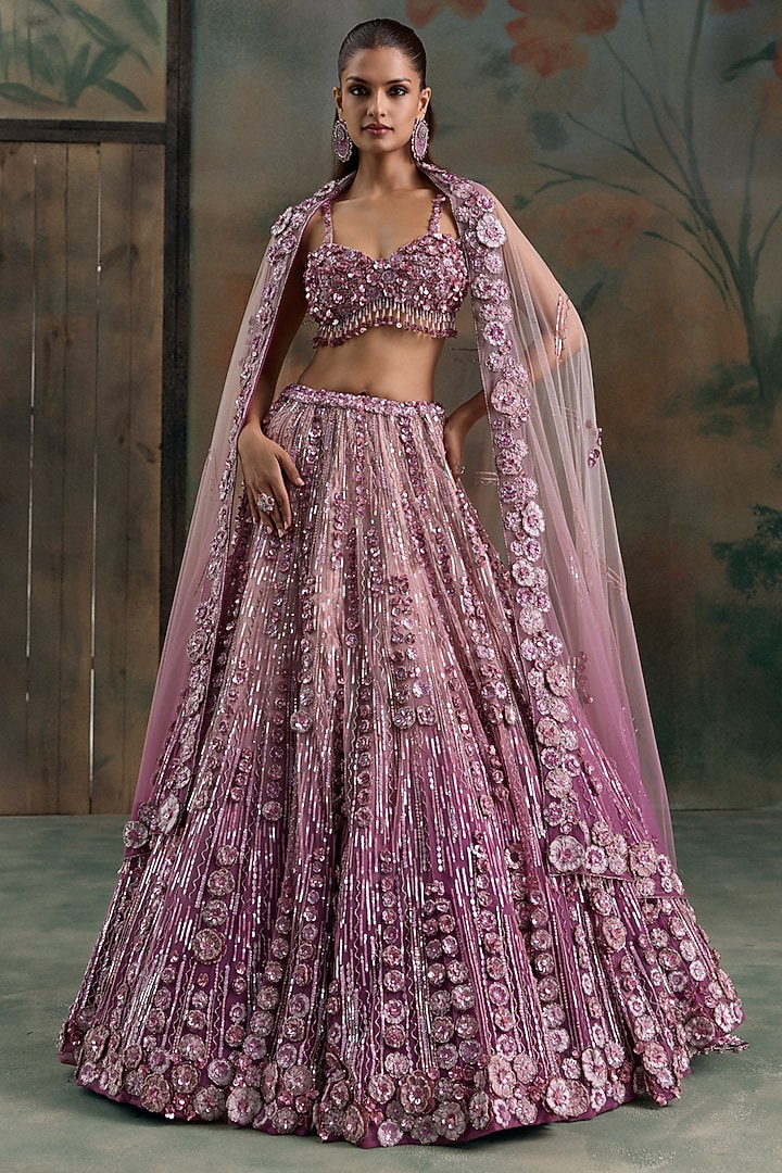 Mauve Pink Ombre Net Floral Embroidered Bridal Bridal Lehenga Set by OPUS ATELIER at Pernia's Pop Up Shop