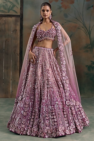 Mauve Pink Ombre Net Floral Embroidered Bridal Lehenga Set by OPUS ATELIER