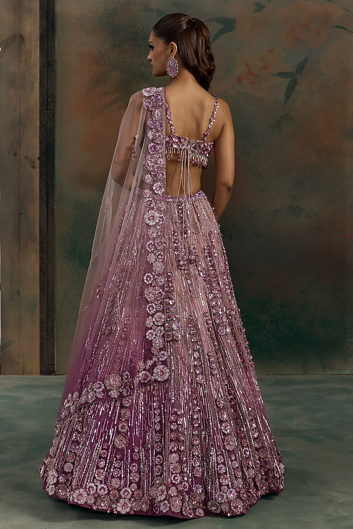 Mauve Pink Ombre Net Floral Embroidered Bridal Bridal Lehenga Set by OPUS ATELIER at Pernia's Pop Up Shop