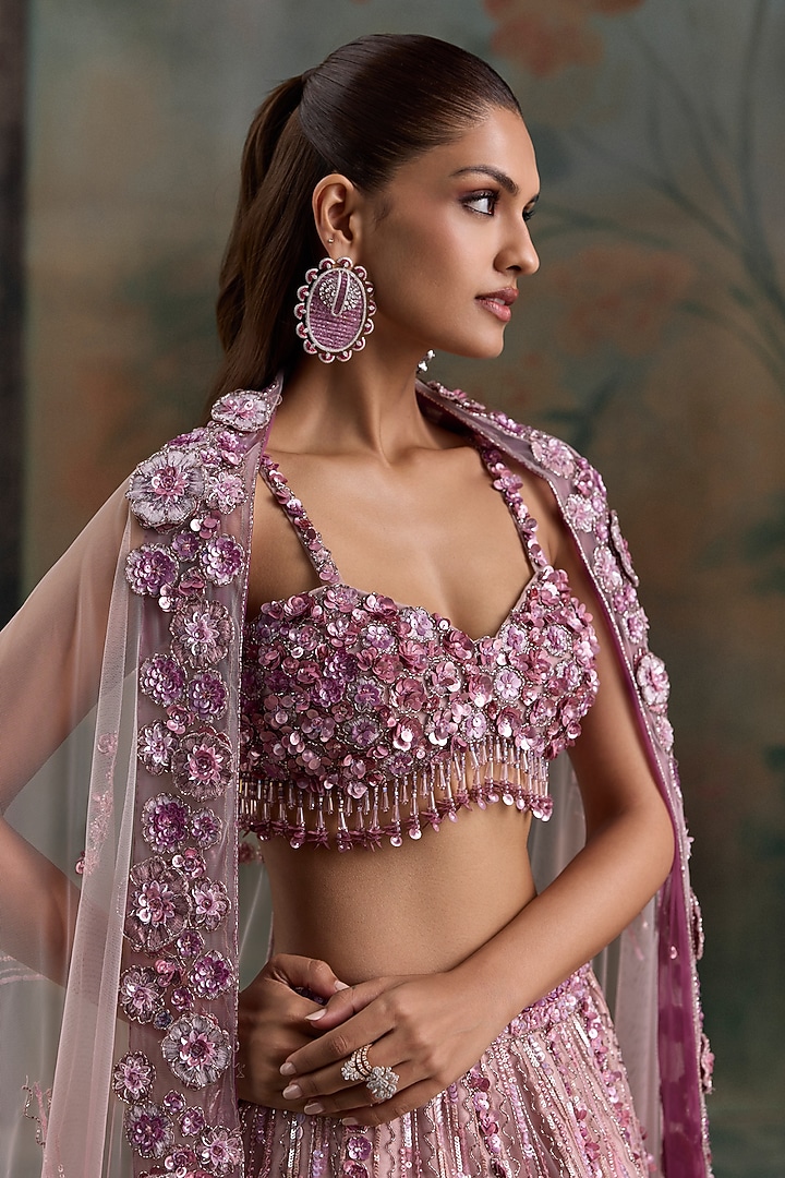 Mauve Pink Ombre Net Floral Embroidered Bridal Bridal Lehenga Set by OPUS ATELIER at Pernia's Pop Up Shop