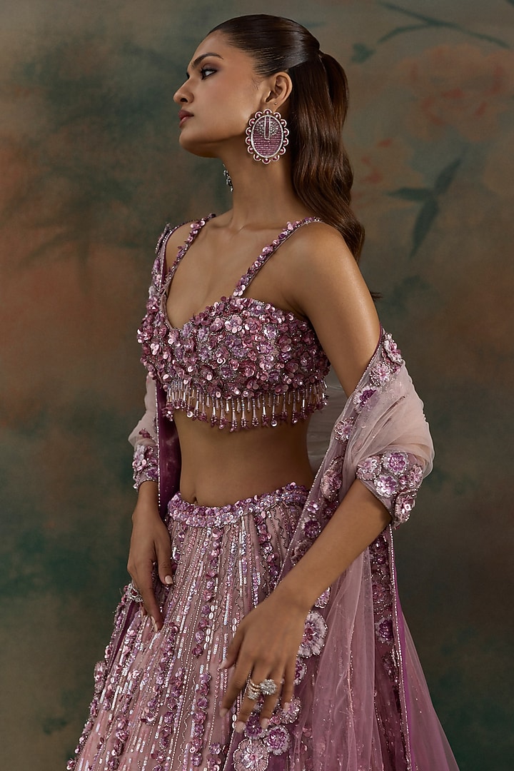 Mauve Pink Ombre Net Floral Embroidered Bridal Bridal Lehenga Set by OPUS ATELIER at Pernia's Pop Up Shop