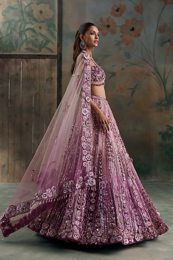 Mauve Pink Ombre Net Floral Embroidered Bridal Bridal Lehenga Set by OPUS ATELIER at Pernia's Pop Up Shop