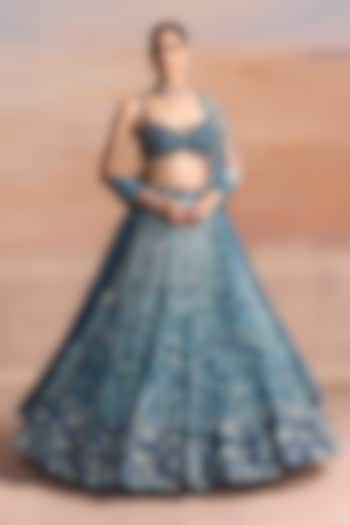 Light Blue & Silver Ombre Net Sequin Embroidered Bridal Bridal Lehenga Set by OPUS ATELIER at Pernia's Pop Up Shop