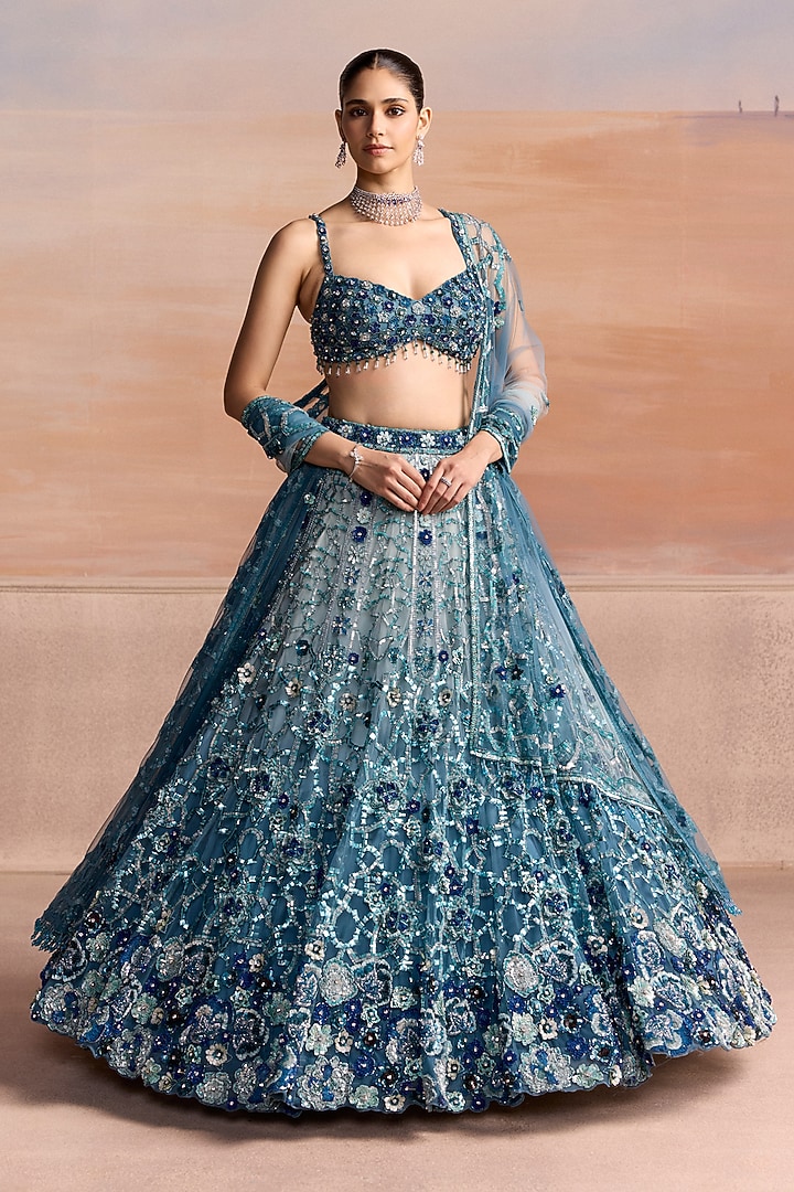 Light Blue & Silver Ombre Net Sequin Embroidered Bridal Bridal Lehenga Set by OPUS ATELIER at Pernia's Pop Up Shop