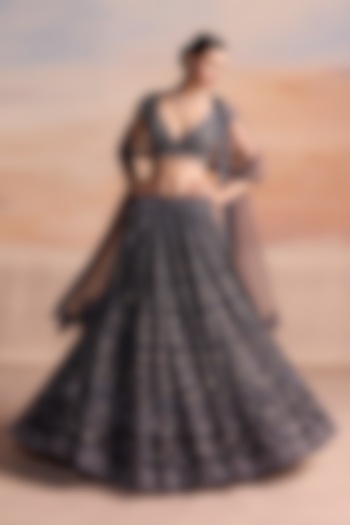 Midnight Grey & Blue Net Hand Embroidered Bridal Bridal Lehenga Set by OPUS ATELIER at Pernia's Pop Up Shop
