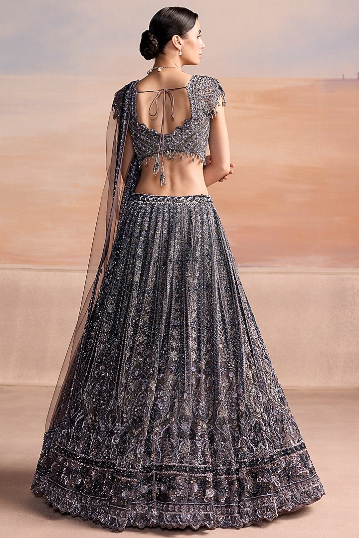 Midnight Grey & Blue Net Hand Embroidered Bridal Bridal Lehenga Set by OPUS ATELIER at Pernia's Pop Up Shop