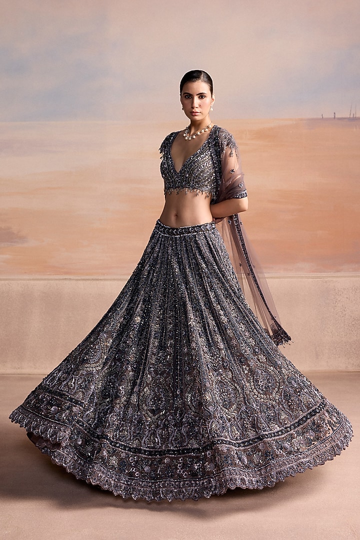 Midnight Grey & Blue Net Hand Embroidered Bridal Bridal Lehenga Set by OPUS ATELIER at Pernia's Pop Up Shop