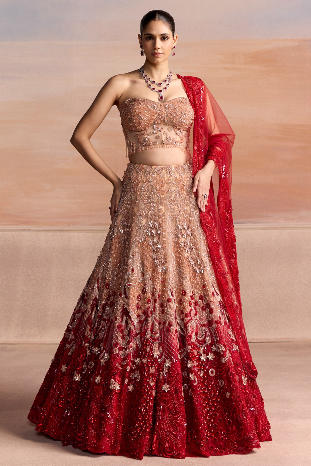 OPUS ATELIER Peach & Red Ombre Net Embroidered Bridal Lehenga Set