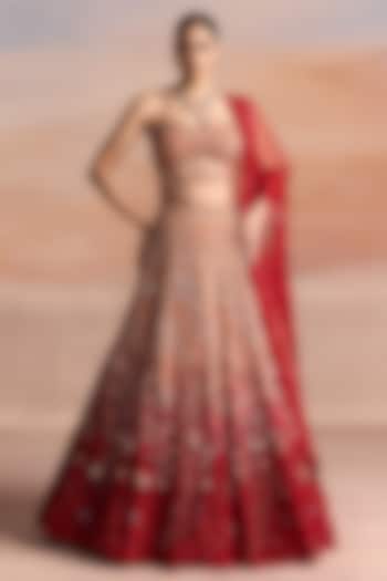 Peach & Red Ombre Net Embroidered Bridal Bridal Lehenga Set by OPUS ATELIER at Pernia's Pop Up Shop