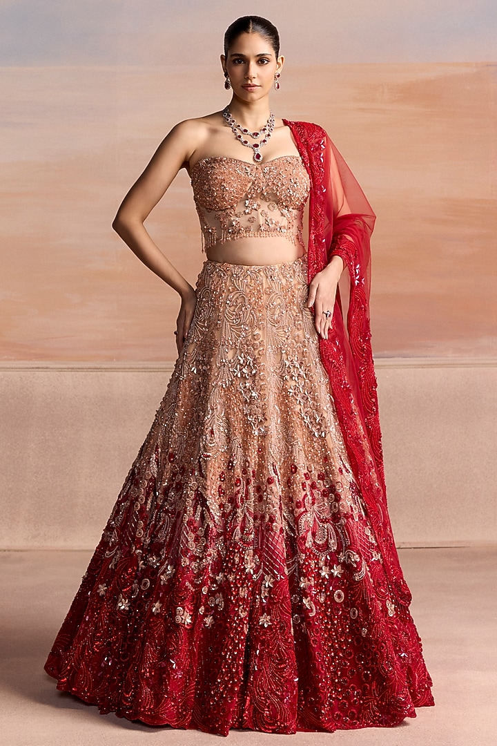 Peach & Red Ombre Net Embroidered Bridal Bridal Lehenga Set by OPUS ATELIER at Pernia's Pop Up Shop