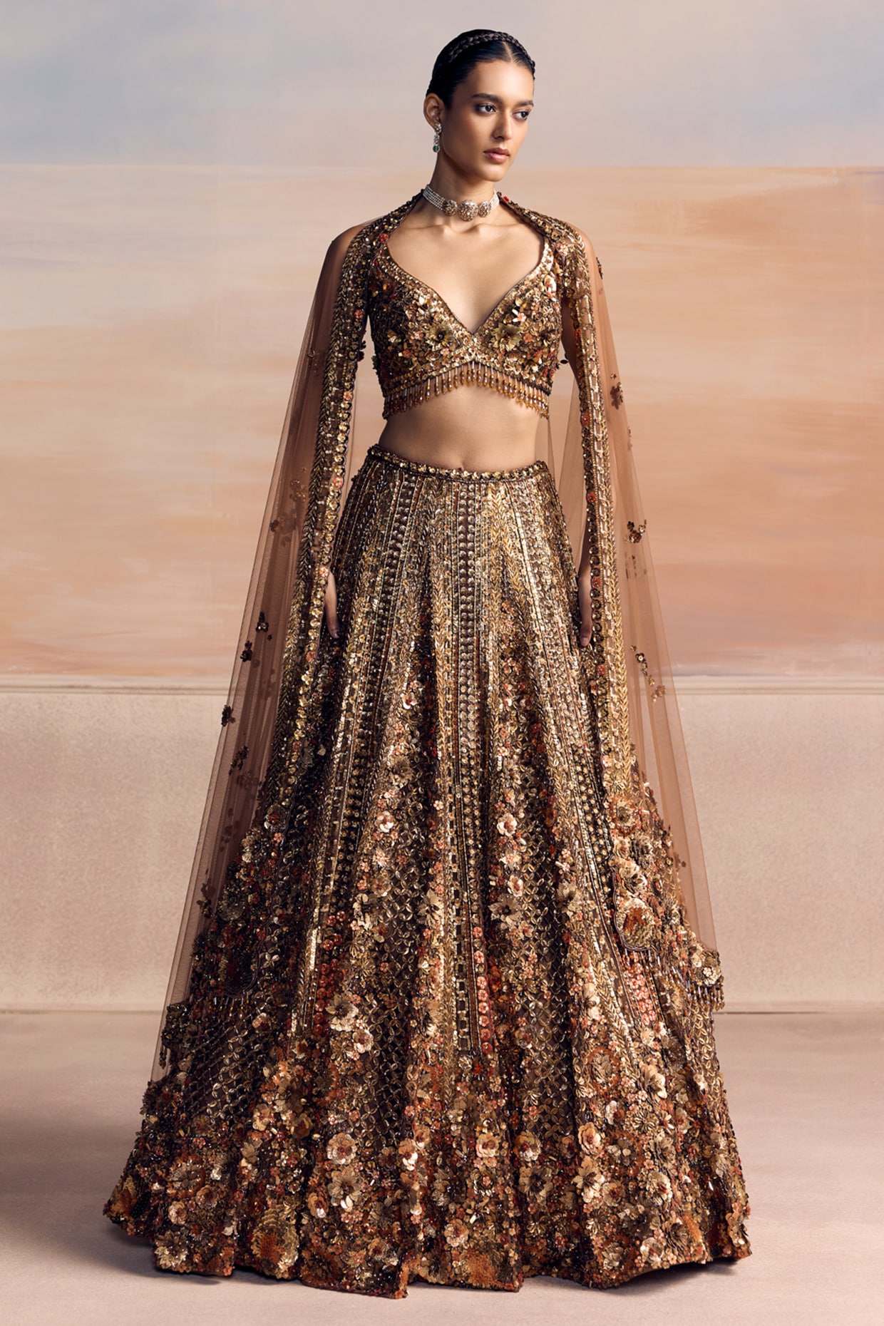 OPUS ATELIER Burnt Orange & Gold Net Sequin Embroidered Bridal Lehenga Set