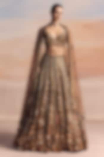 Burnt Orange & Gold Net Sequin Embroidered Bridal Bridal Lehenga Set by OPUS ATELIER at Pernia's Pop Up Shop