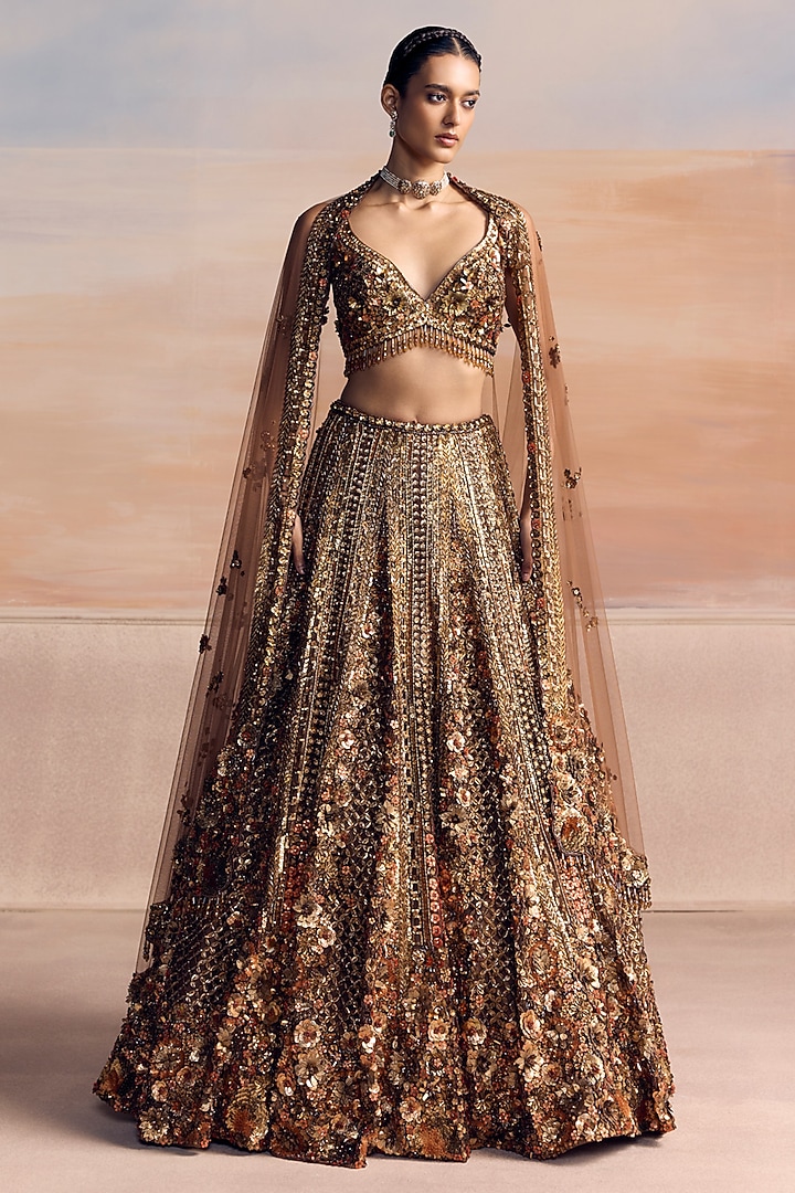 Burnt Orange & Gold Net Sequin Embroidered Bridal Bridal Lehenga Set by OPUS ATELIER at Pernia's Pop Up Shop