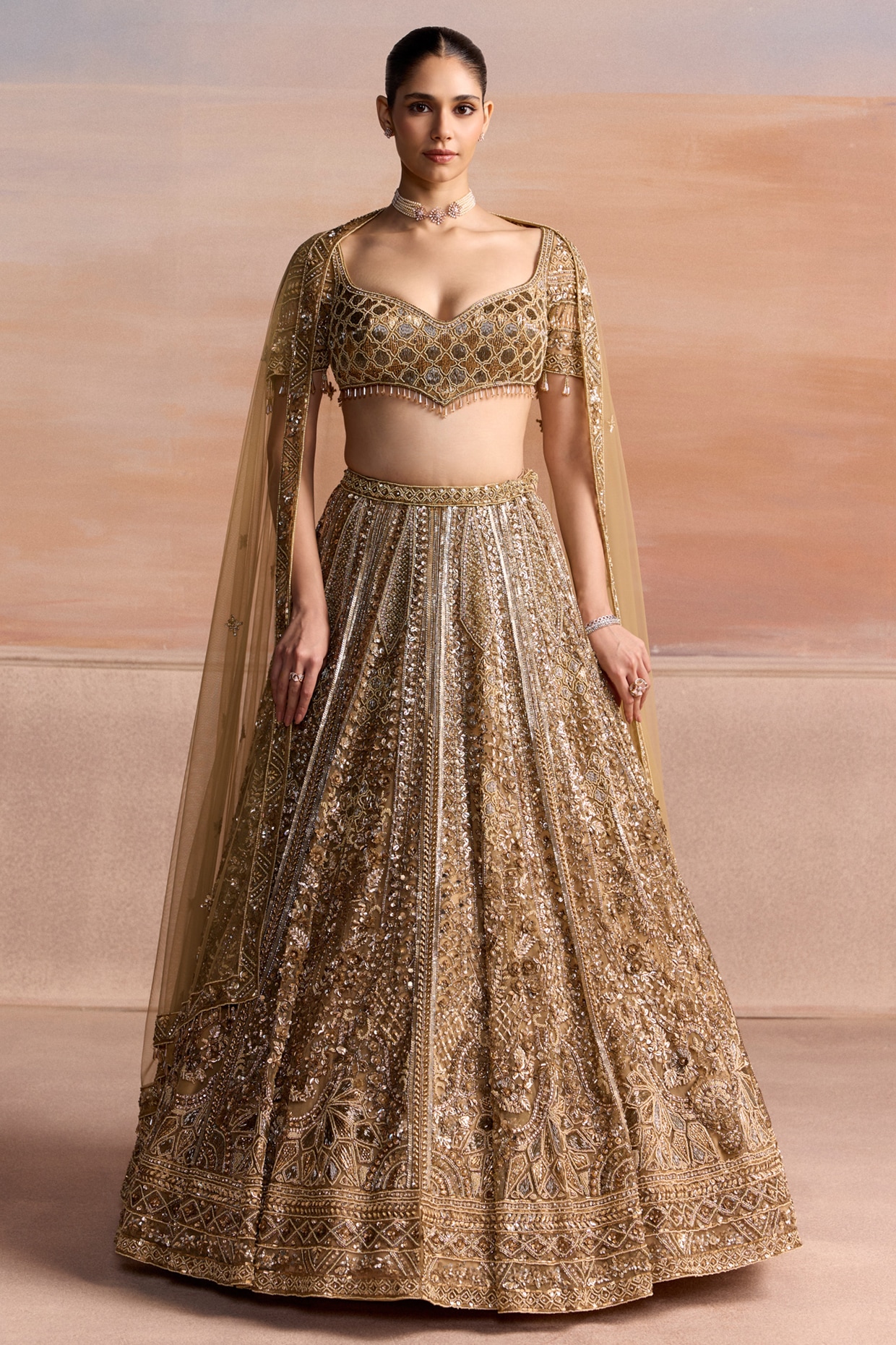 OPUS ATELIER Gold Net Sequin Embroidered Bridal Lehenga Set