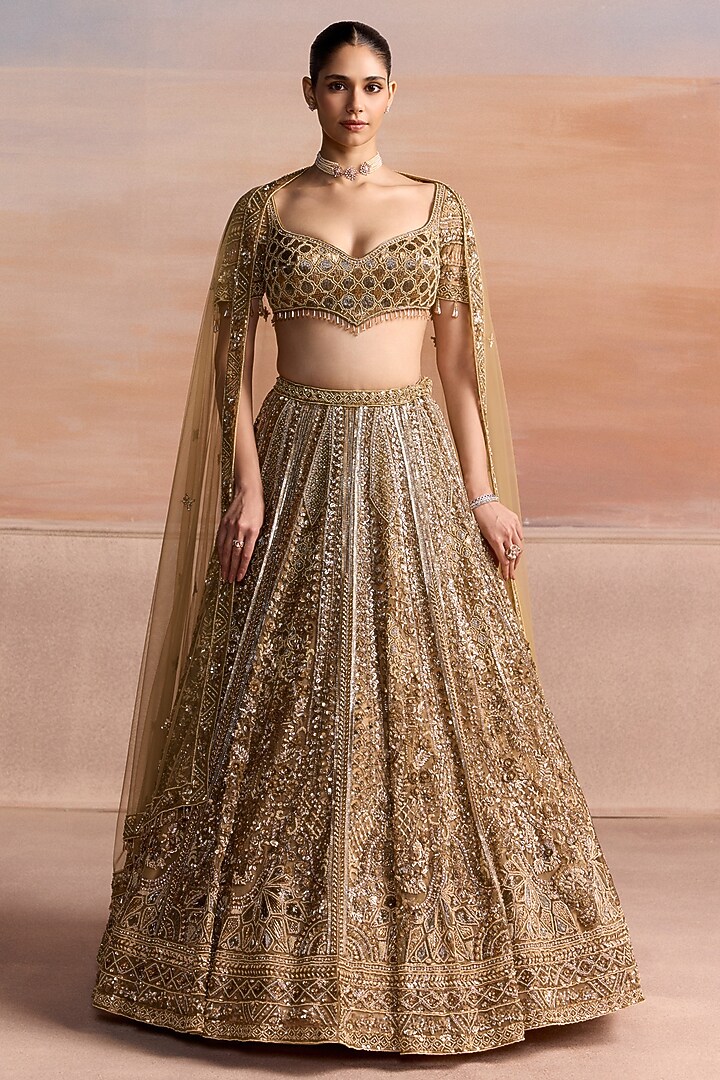 Gold Net Sequin Embroidered Bridal Bridal Lehenga Set by OPUS ATELIER at Pernia's Pop Up Shop