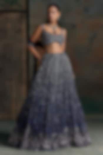 Deep Blue & Silver Ombre Net Embellished Bridal Bridal Lehenga Set by OPUS ATELIER at Pernia's Pop Up Shop