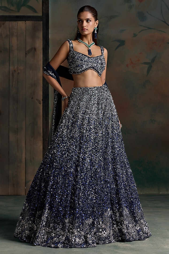 Deep Blue & Silver Ombre Net Embellished Bridal Bridal Lehenga Set by OPUS ATELIER at Pernia's Pop Up Shop
