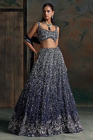 Deep Blue & Silver Ombre Net Embellished Bridal Lehenga Set by OPUS ATELIER