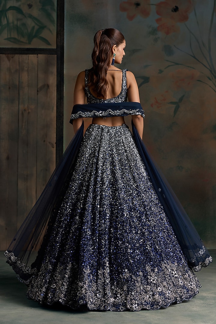 Deep Blue & Silver Ombre Net Embellished Bridal Bridal Lehenga Set by OPUS ATELIER at Pernia's Pop Up Shop