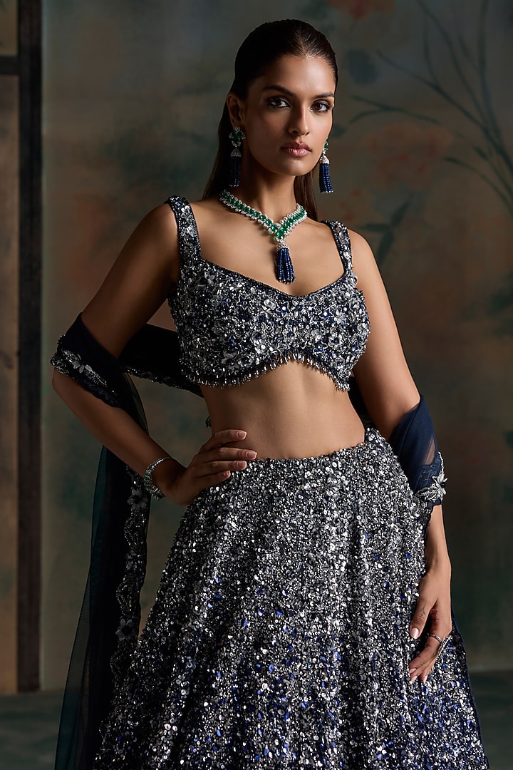 Deep Blue & Silver Ombre Net Embellished Bridal Bridal Lehenga Set by OPUS ATELIER at Pernia's Pop Up Shop